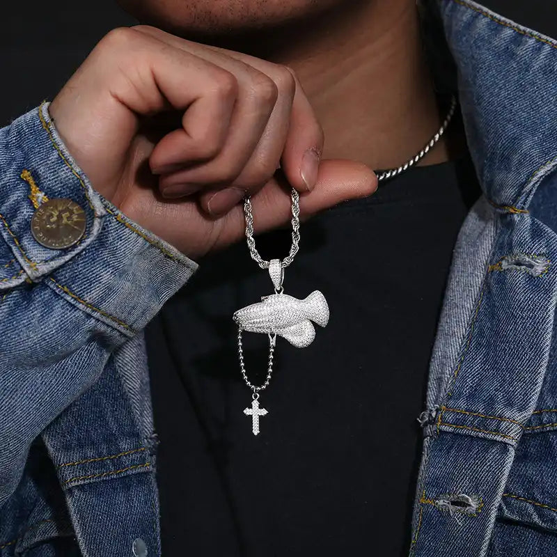 Moissanite Praying Hands Hanging Cross Pendant