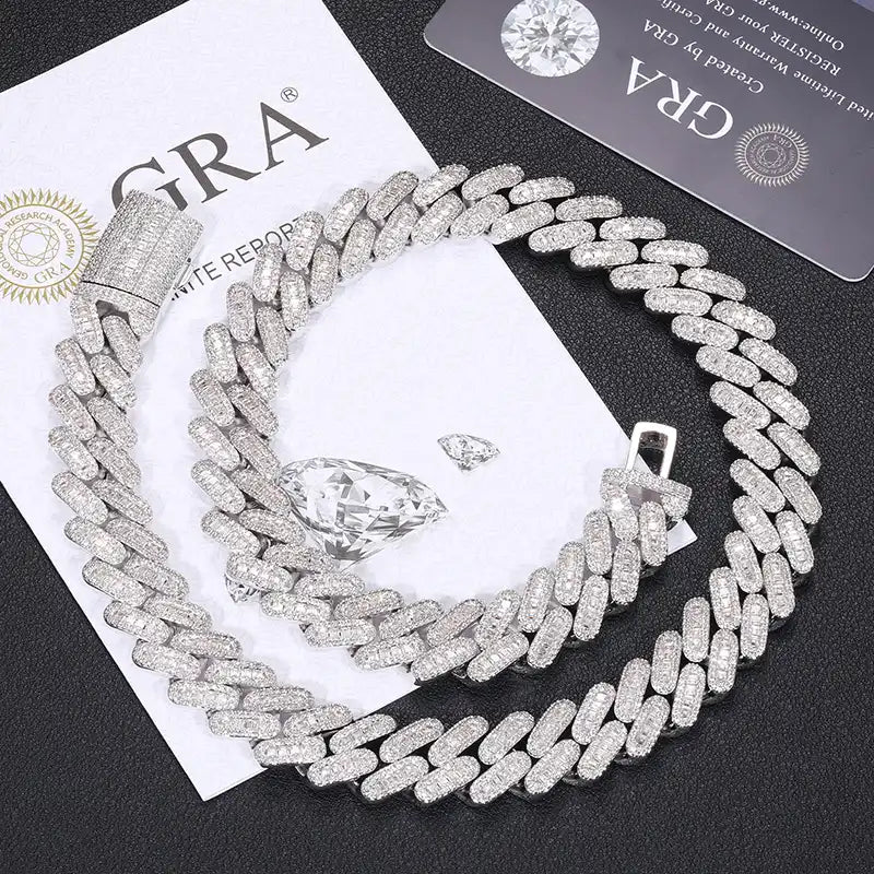 14mm Moissanite Baguette Cut Cuban Link Chain/Bracelet