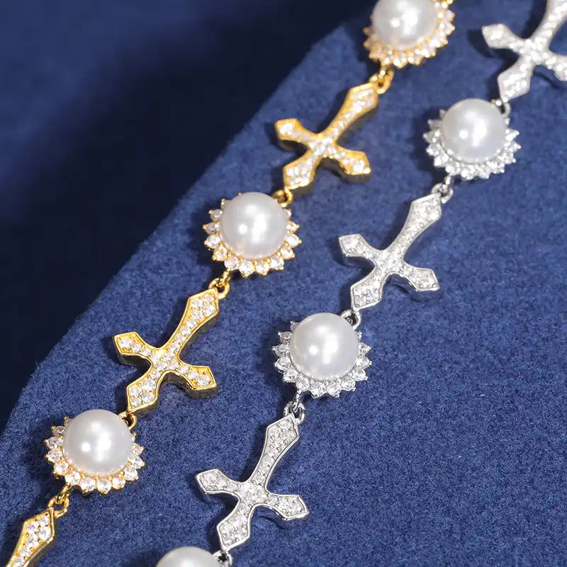 12mm Moissanite Cross Pearl Bracelet