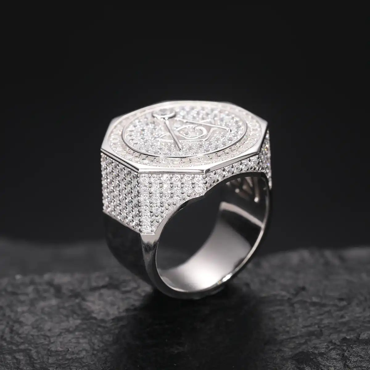 Moissanite Iced Out AG Masonic Ring