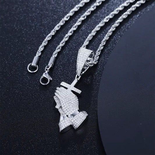 Moissanite Prayer Hands Cross Pendant