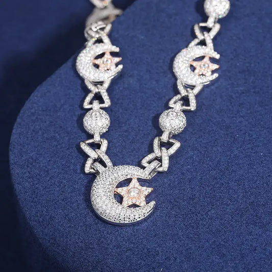 18.5mm Moissanite Star & Moon Link Chain