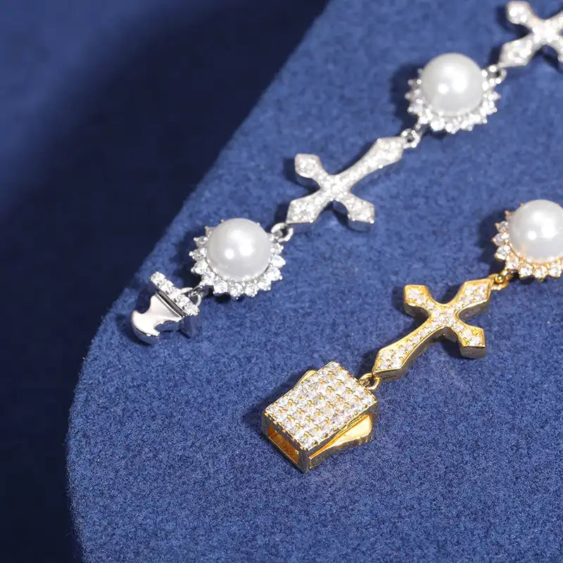 12mm Moissanite Cross Pearl Bracelet