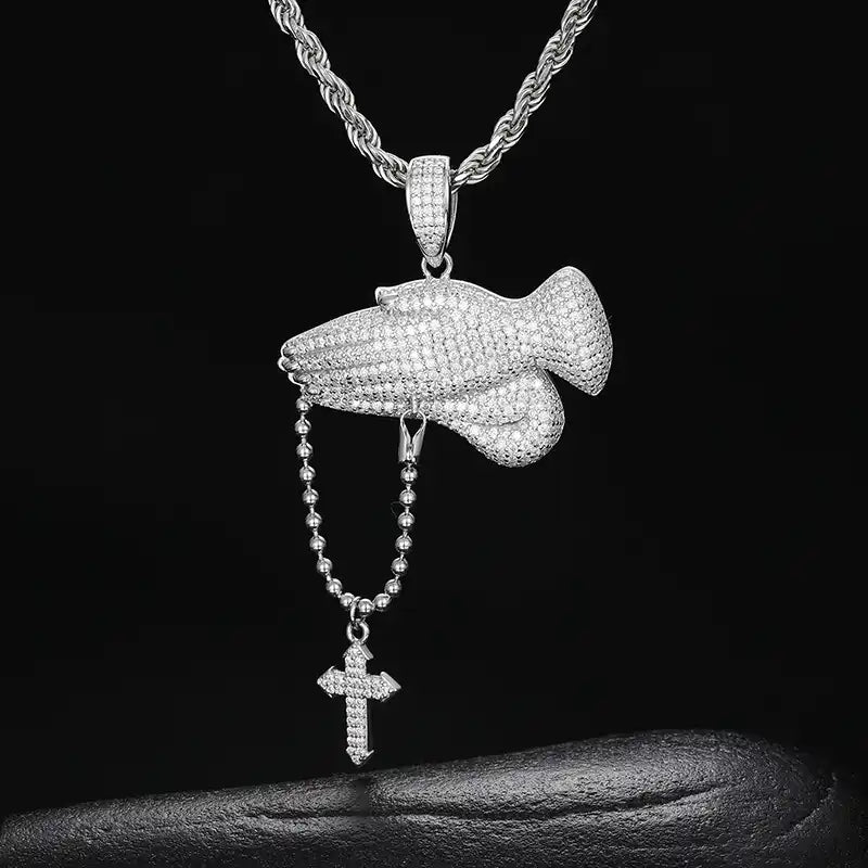 Moissanite Praying Hands Hanging Cross Pendant