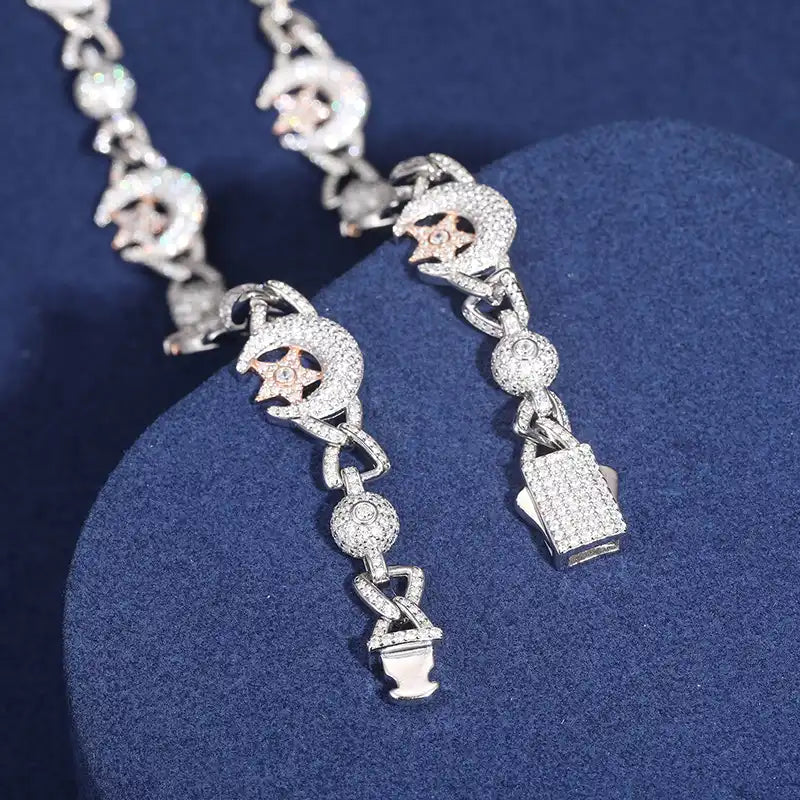 18.5mm Moissanite Star & Moon Link Chain