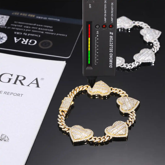 18mm Baguette Moissanite Heart Cuban Link Bracelet