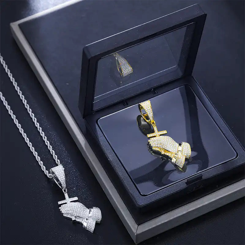 Moissanite Prayer Hands Cross Pendant