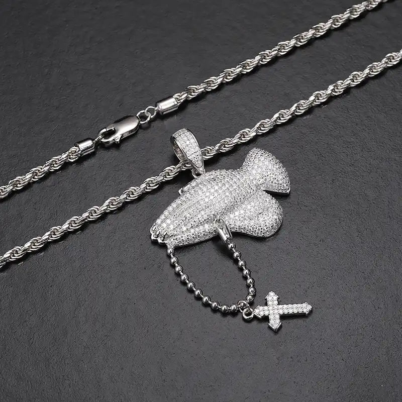 Moissanite Praying Hands Hanging Cross Pendant