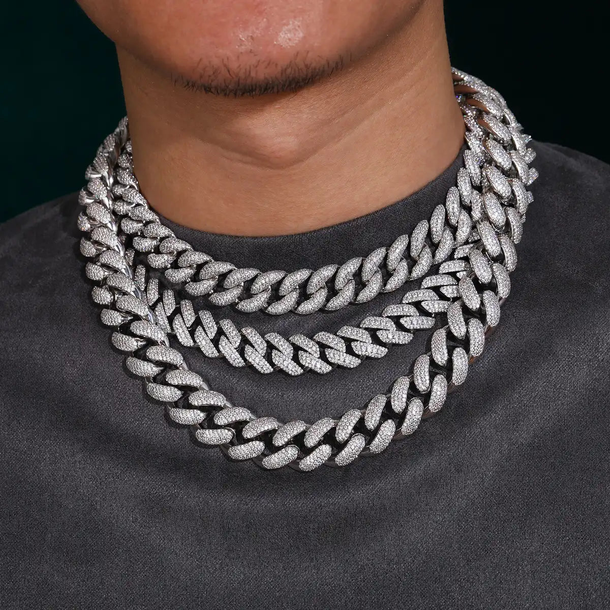 15mm Moissanite Three Row Cuban Link Chain