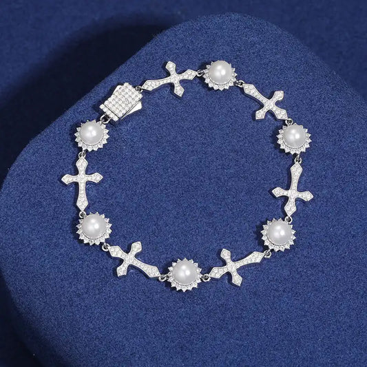 12mm Moissanite Cross Pearl Bracelet