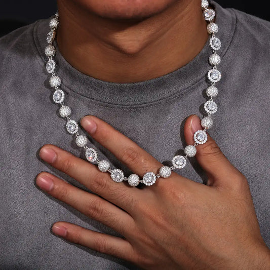 12mm Moissanite Bead & Halo Link Chain/Bracelet