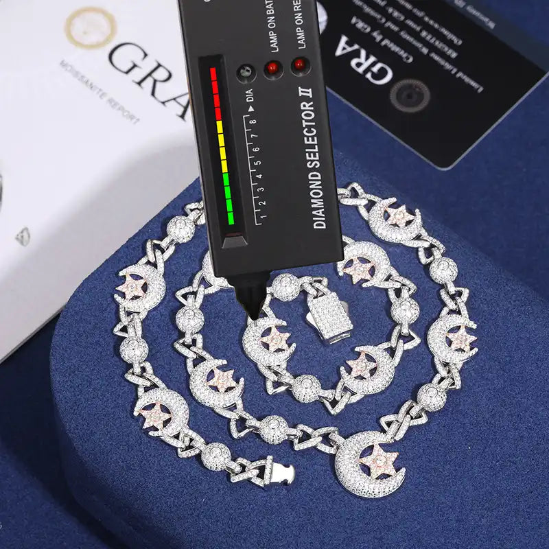 18.5mm Moissanite Star & Moon Link Chain