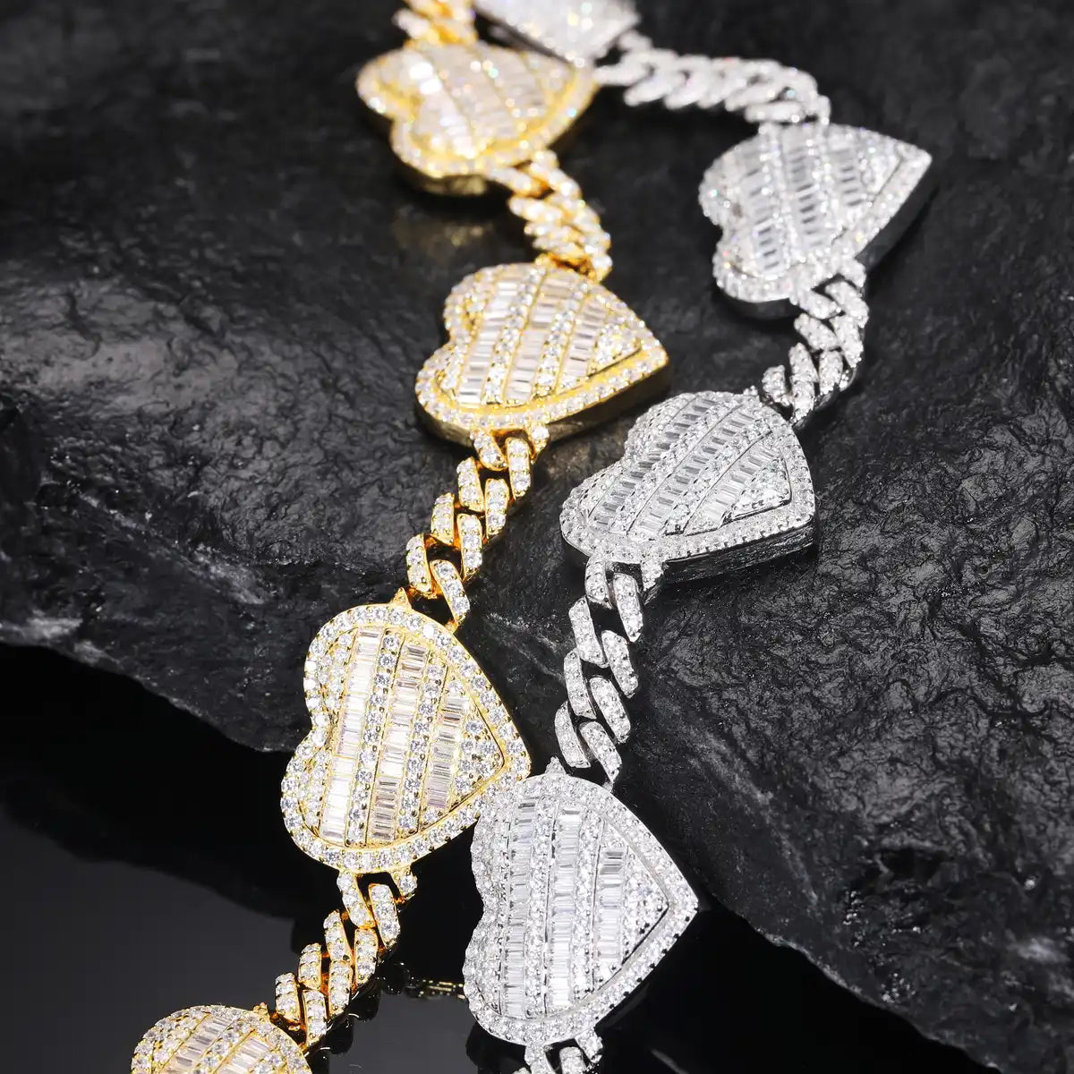 18mm Baguette Moissanite Heart Cuban Link Bracelet
