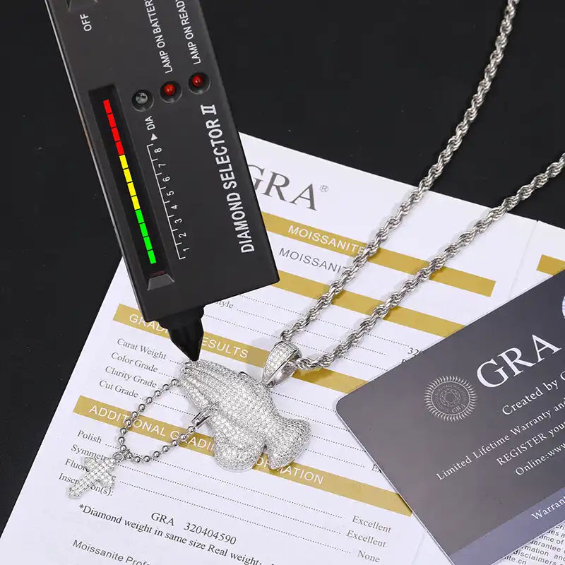 Moissanite Praying Hands Hanging Cross Pendant
