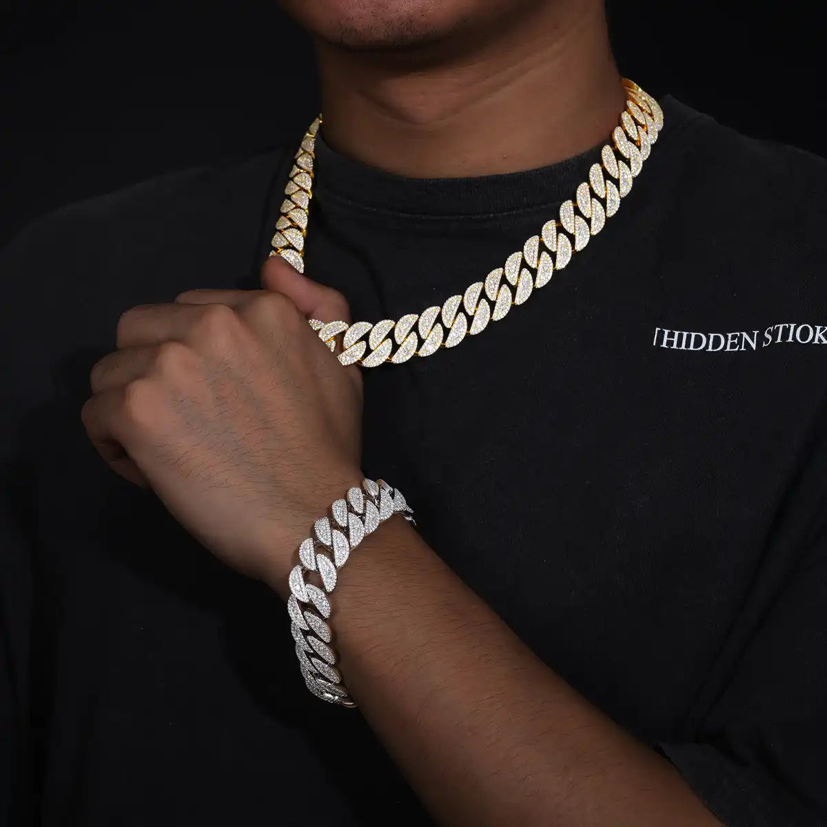 18mm Moissanite Semi-Circle Cuban Link Chain/Bracelet