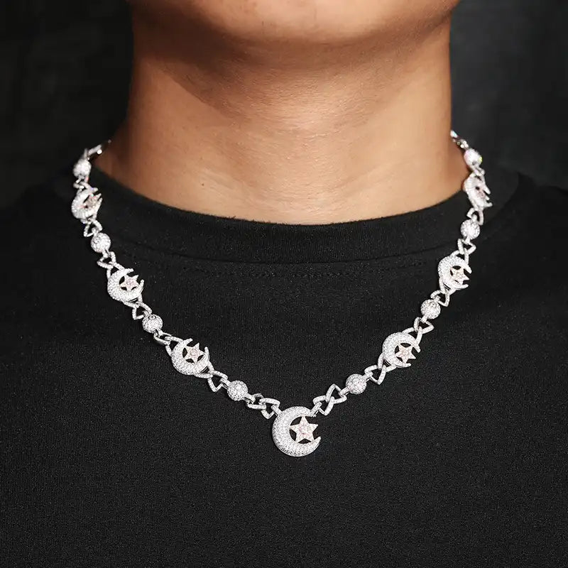 18.5mm Moissanite Star & Moon Link Chain