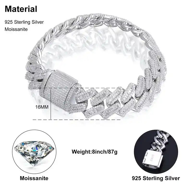 16mm Baguette Cut Moissanite Cuban Link Bracelet