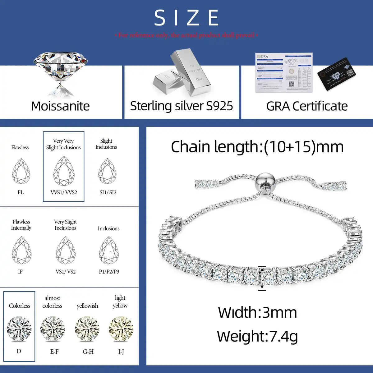2-4mm Adjustable Moissanite Tennis Bracelet