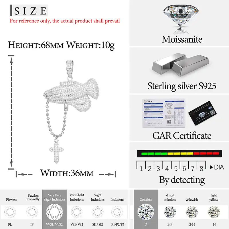 Moissanite Praying Hands Hanging Cross Pendant