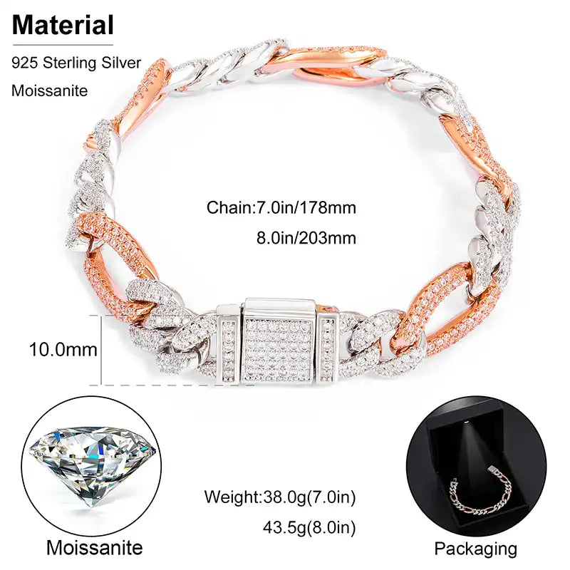 10mm Moissanite Figaro Link Bracelet