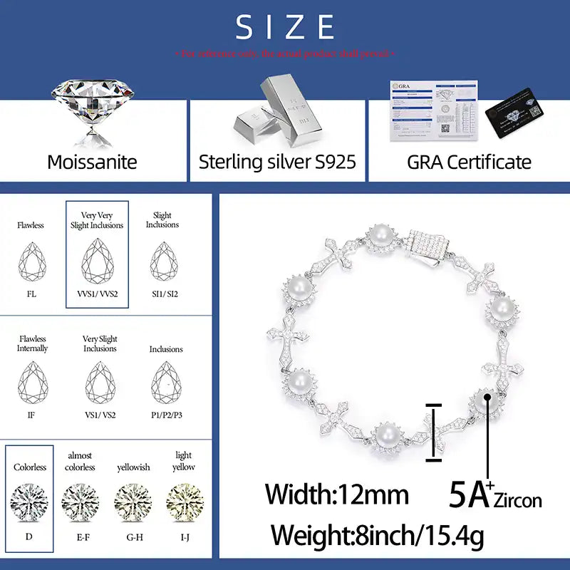 12mm Moissanite Cross Pearl Bracelet