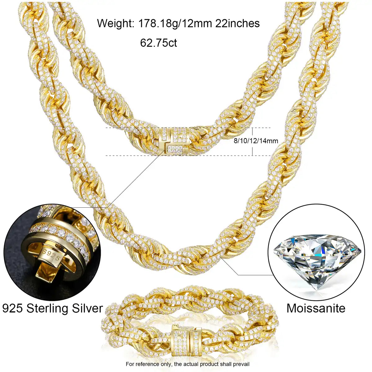 8mm-14mm Moissanite Iced Out Rope Chain/Bracelet