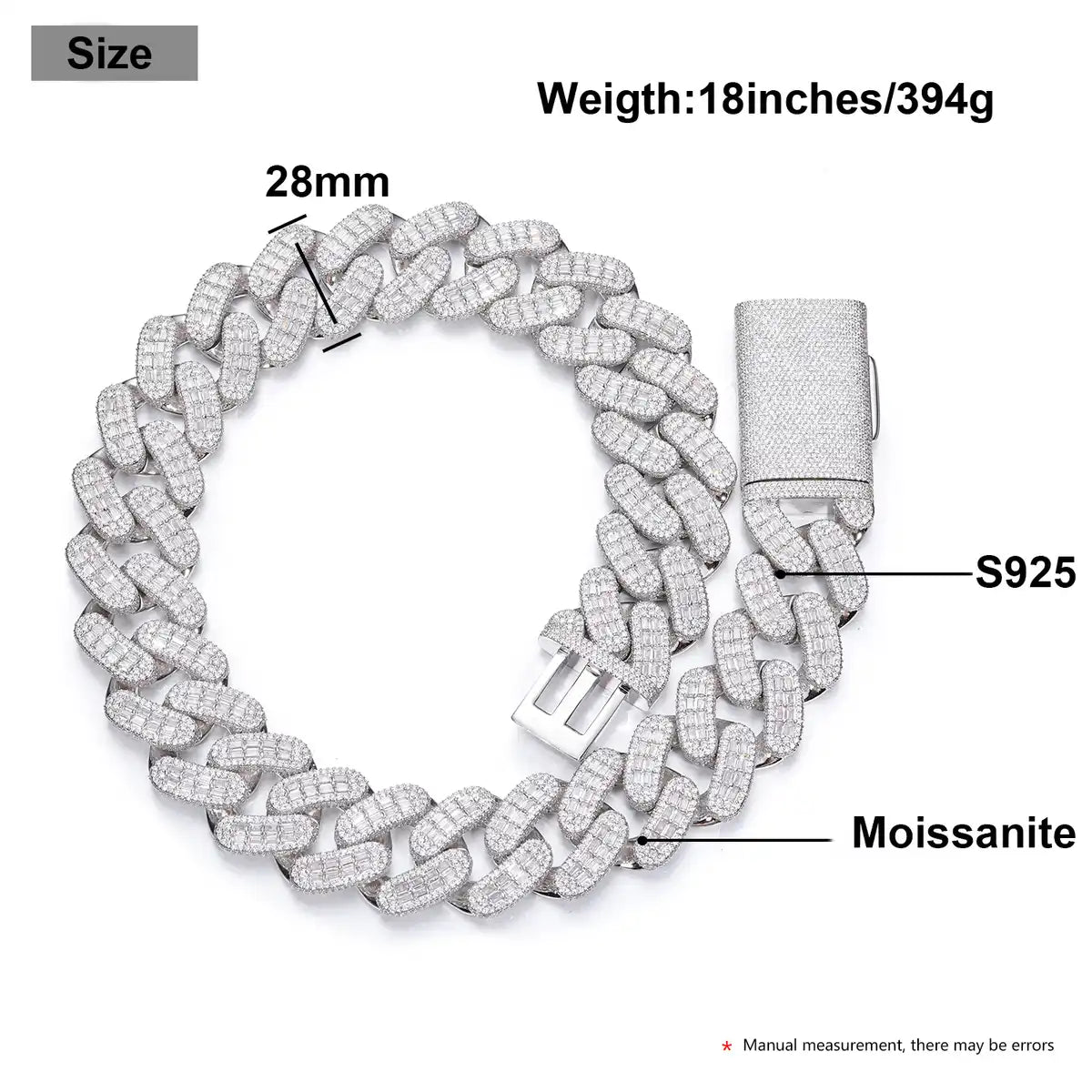 28mm Moissanite Baguette Cuban Link Chain