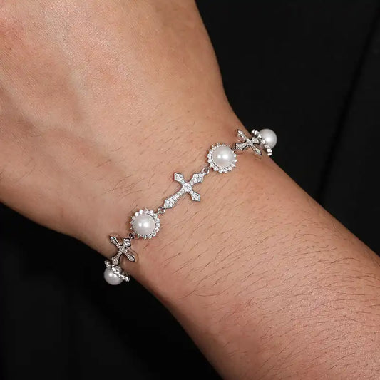 12mm Moissanite Cross Pearl Bracelet