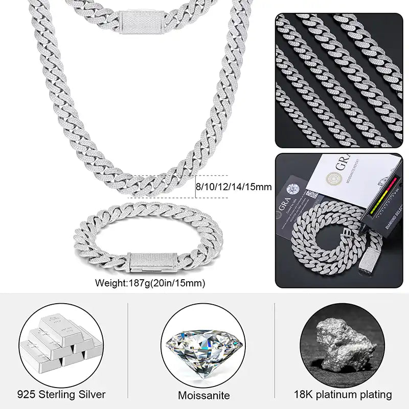 15mm Moissanite Cuban Link Chain/Bracelet