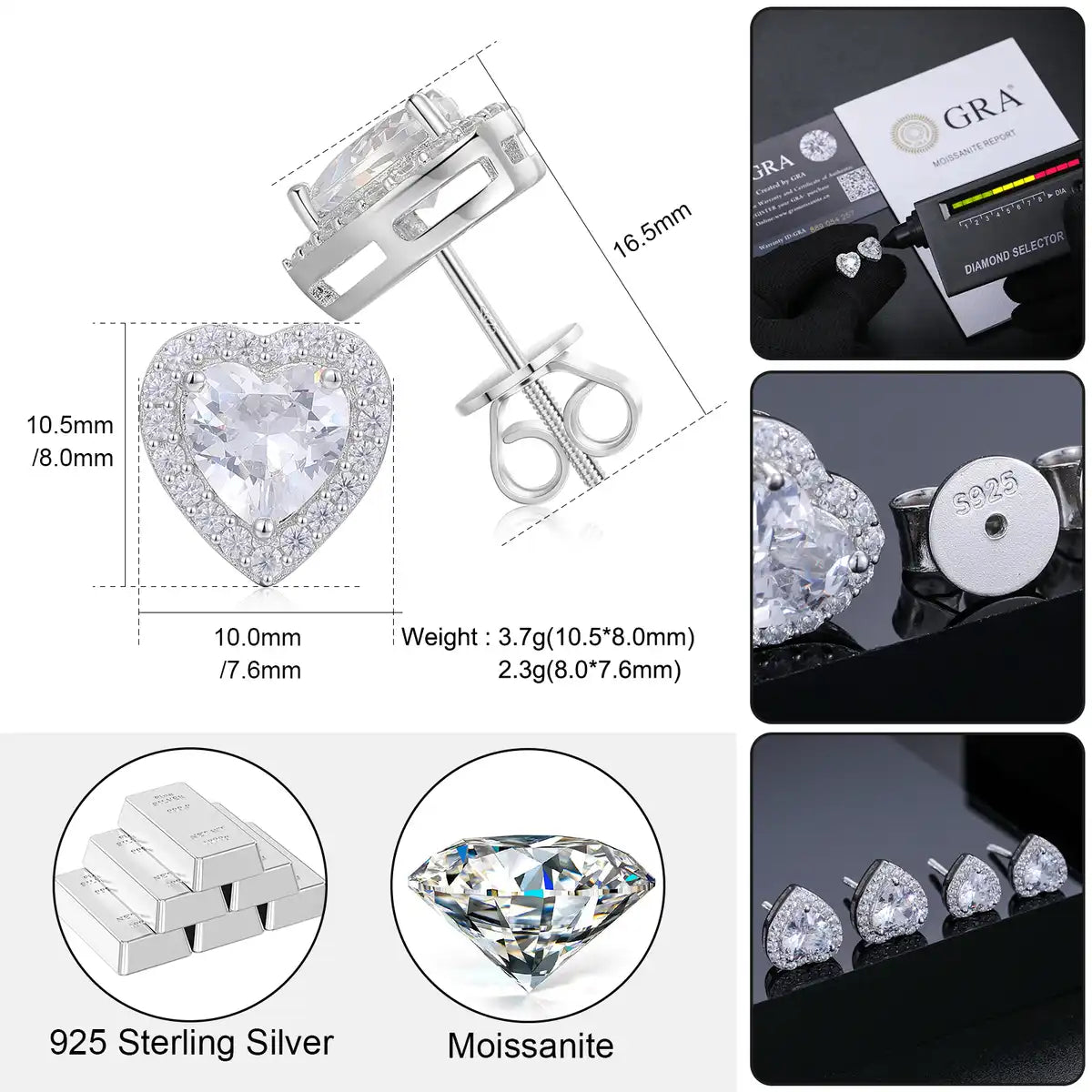 8mm Moissanite Heart Cut Stud Earrings