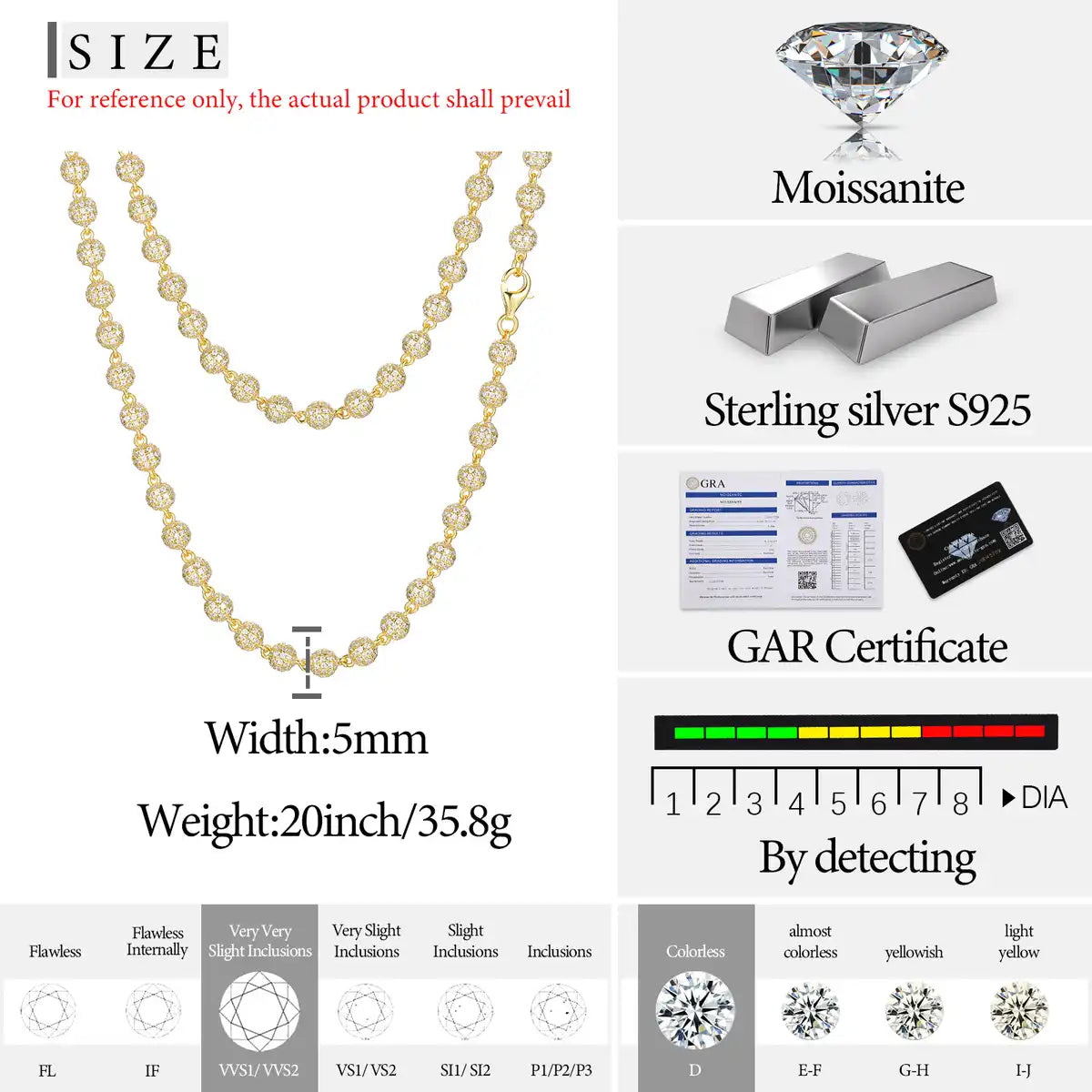 5mm Moissanite Ball link Chain/Bracelet